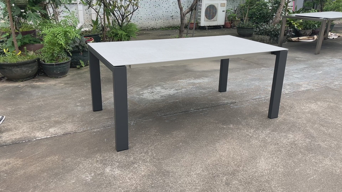 Marikk Deluxe Frontausziehtisch 340/280/220x100cm Keramikplatte mit Edelstahlgestell und Rollen
