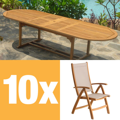 Ensemble de chaises à dossier haut Rivera 300 composé d'une table double extensible Denver 300/260/220x110 et de chaises à dossier haut Rivera en teck avec ferrures en Batyline et inox