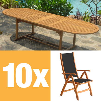Ensemble de chaises à dossier haut Rivera 300 composé d'une table double extensible Denver 300/260/220x110 et de chaises à dossier haut Rivera en teck avec ferrures en Batyline et inox