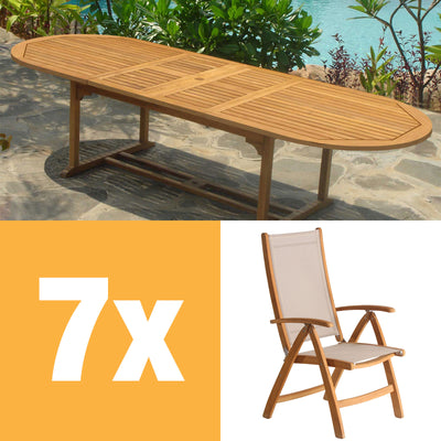 Ensemble de chaises à dossier haut Rivera 300 composé d'une table double extensible Denver 300/260/220x110 et de chaises à dossier haut Rivera en teck avec ferrures en Batyline et inox