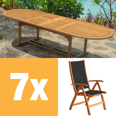 Ensemble de chaises à dossier haut Rivera 300 composé d'une table double extensible Denver 300/260/220x110 et de chaises à dossier haut Rivera en teck avec ferrures en Batyline et inox