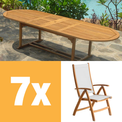 Ensemble de chaises à dossier haut Rivera 300 composé d'une table double extensible Denver 300/260/220x110 et de chaises à dossier haut Rivera en teck avec ferrures en Batyline et inox