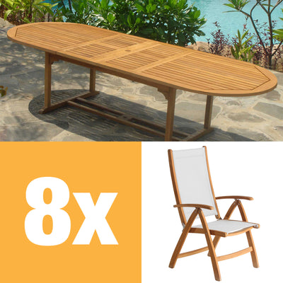 Ensemble de chaises à dossier haut Rivera 300 composé d'une table double extensible Denver 300/260/220x110 et de chaises à dossier haut Rivera en teck avec ferrures en Batyline et inox