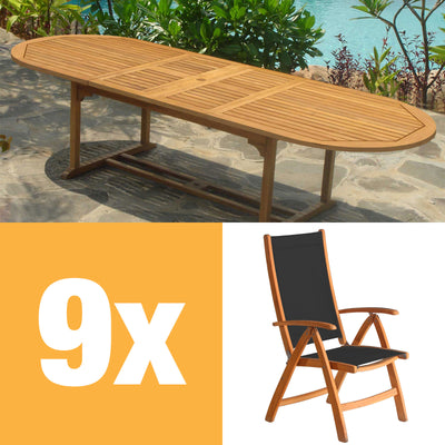 Ensemble de chaises à dossier haut Rivera 300 composé d'une table double extensible Denver 300/260/220x110 et de chaises à dossier haut Rivera en teck avec ferrures en Batyline et inox