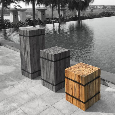 Teak pedestal square "small" made of recycled teak strips strapped with iron bands