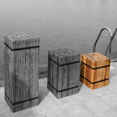 Teak pedestal square "small" made of recycled teak strips strapped with iron bands