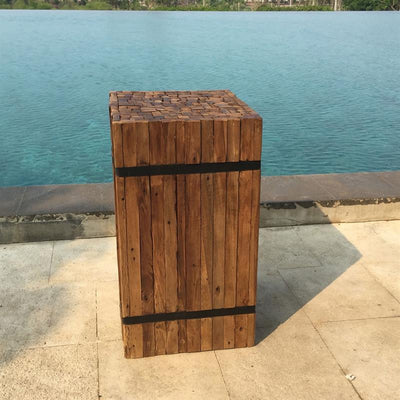 Teak pedestal square "medium" made of recycled teak strips strapped with iron bands