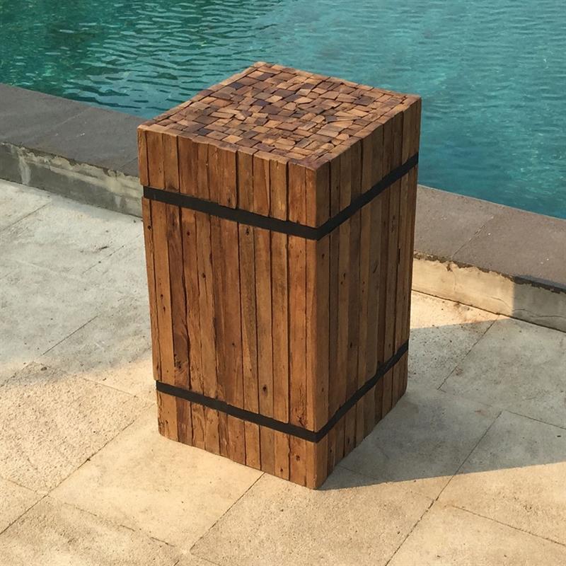 Teak pedestal square "medium" made of recycled teak strips strapped with iron bands