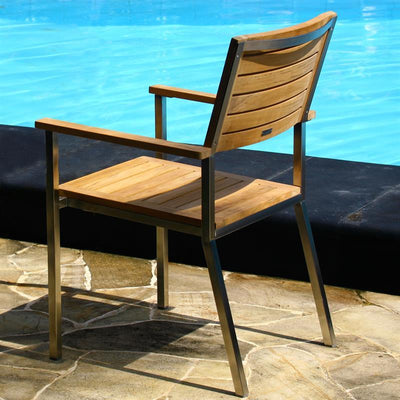Moselle Set 210 bestehend aus Florence Esstisch 210 x 90 Teak mit Edelstahlgestell und Moselle Stapelstühlen Teak mit Edelstahl