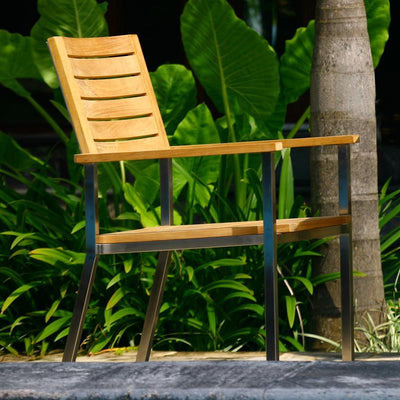 Moselle Set 210 bestehend aus Florence Esstisch 210 x 90 Teak mit Edelstahlgestell und Moselle Stapelstühlen Teak mit Edelstahl