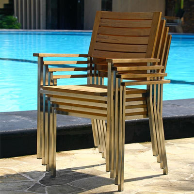Moselle Set 210 bestehend aus Florence Esstisch 210 x 90 Teak mit Edelstahlgestell und Moselle Stapelstühlen Teak mit Edelstahl