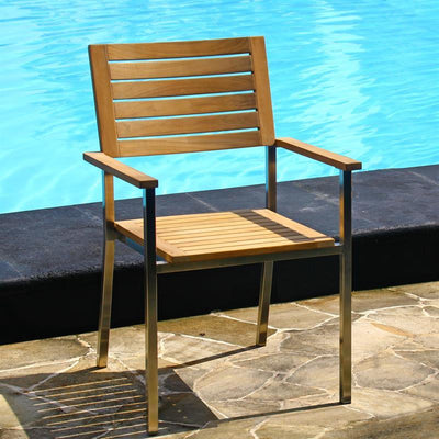 Moselle Set 210 bestehend aus Florence Esstisch 210 x 90 Teak mit Edelstahlgestell und Moselle Stapelstühlen Teak mit Edelstahl
