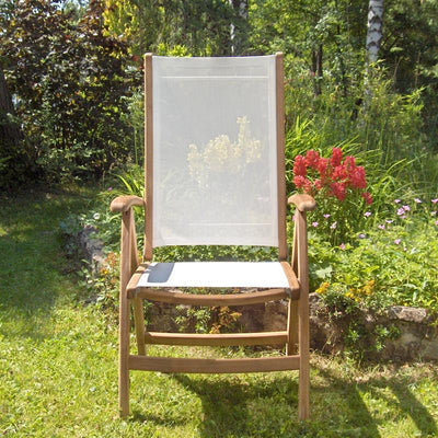 Ensemble de chaises à dossier haut Rivera 300 composé d'une table double extensible Denver 300/260/220x110 et de chaises à dossier haut Rivera en teck avec ferrures en Batyline et inox