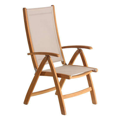 Rivera high-back chair set 240 consisting of Denver extendable table 240/180 x 100 and Rivera high-back chairs teak with Batyline and stainless steel fittings