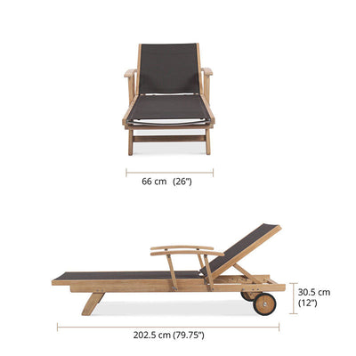 Chaise longue Rivera plate avec accoudoirs - teck GRADE A + Batyline + ferrures inox