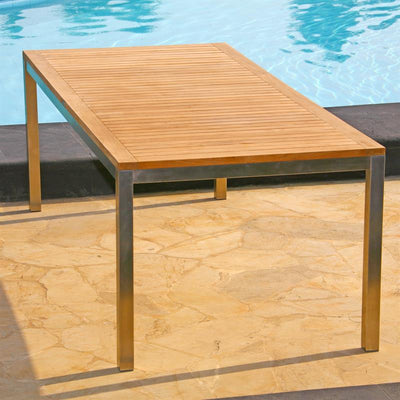Moselle Set 210 bestehend aus Florence Esstisch 210 x 90 Teak mit Edelstahlgestell und Moselle Stapelstühlen Teak mit Edelstahl