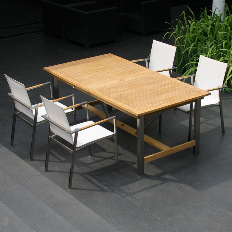 Alzette extendable table set 220 consisting of Moselle extendable table 220/160 x 100 teak with stainless steel frame and Alzette stacking chairs teak with Batyline covering