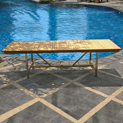 Nivelle extendable table set 280 consisting of Moselle double extendable table 280/235/190x100 teak with stainless steel frame and Nivelle stacking chairs with armrest teak with stainless steel