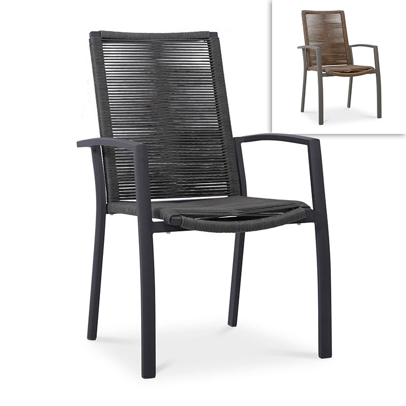 Chaise empilable Yuma avec dossier haut en corde résistante aux intempéries + aluminium thermolaqué