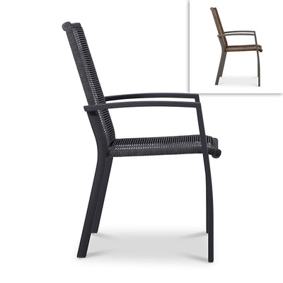 Chaise empilable Yuma avec dossier haut en corde résistante aux intempéries + aluminium thermolaqué